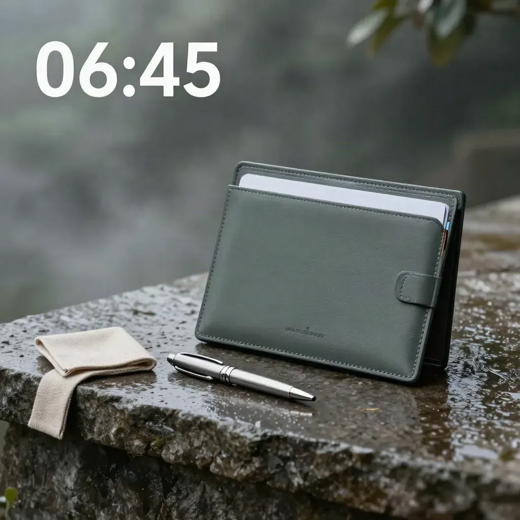 Luxe coachbox op natte stenen plint met pen, tabs en linnen band in mistig ochtendlicht.